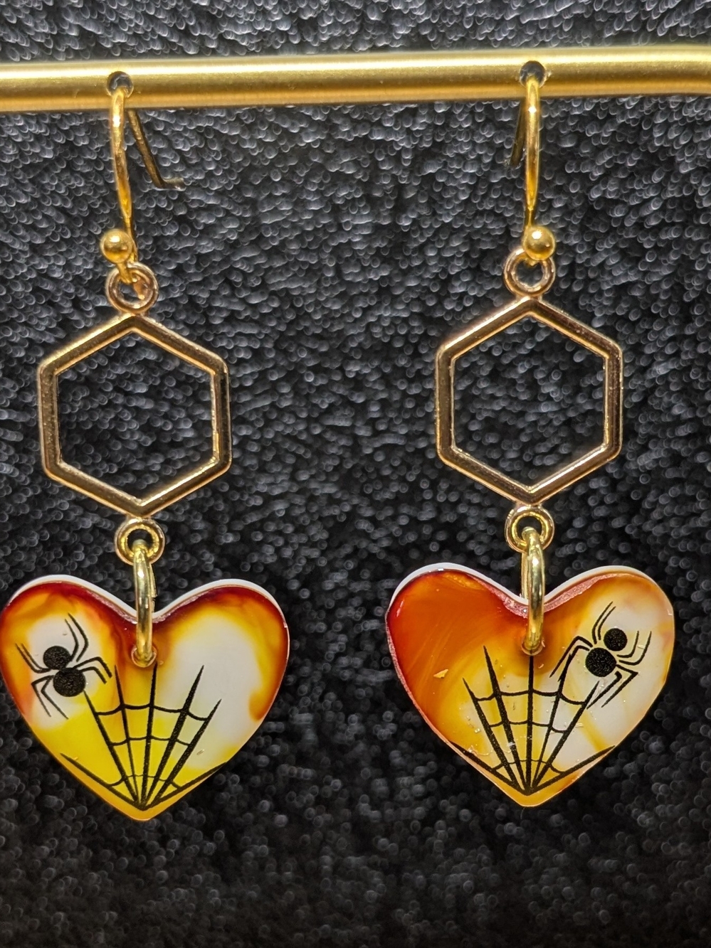 Gold Honey-Orange Heart Spider Drop Earrings - Women Jewelry
